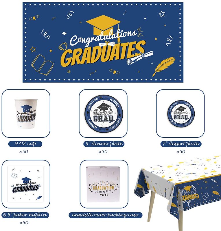 Photo 2 of 203 PCS Graduation Party Decorations 2022, Serves 50 Guests Graduation Plates and Napkins Graduation Banner Graduation Tablecloth, Cups---THE TABLECLOTH MAY HAVE THE YEAR 2021 ON IT, BUT EVERYTHING ELSE DOES NOT HAVE A YEAR---