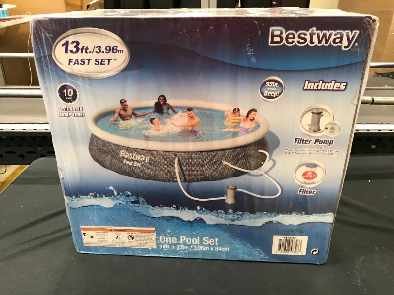 Photo 2 of Bestway 57323E Fast Ground Set Round Top Ring Swimming Pool, Includes 530 Gallon Filter Pump, 13' x 33", Rattan
( ITEM IS SEALED )