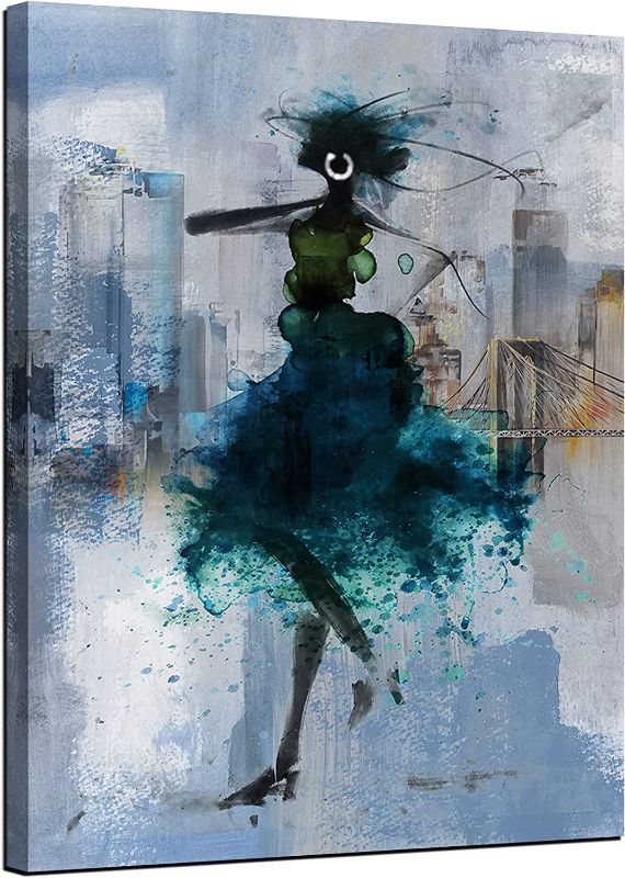 Photo 1 of Acocifi Abstract Wall Art African American Picture Black Girl Painting Blue Canvas Art Modern Fashion Woman Artwork Prints Framed for Bathroom Bedroom Living Room Office Home Decor Large 24"x36"
