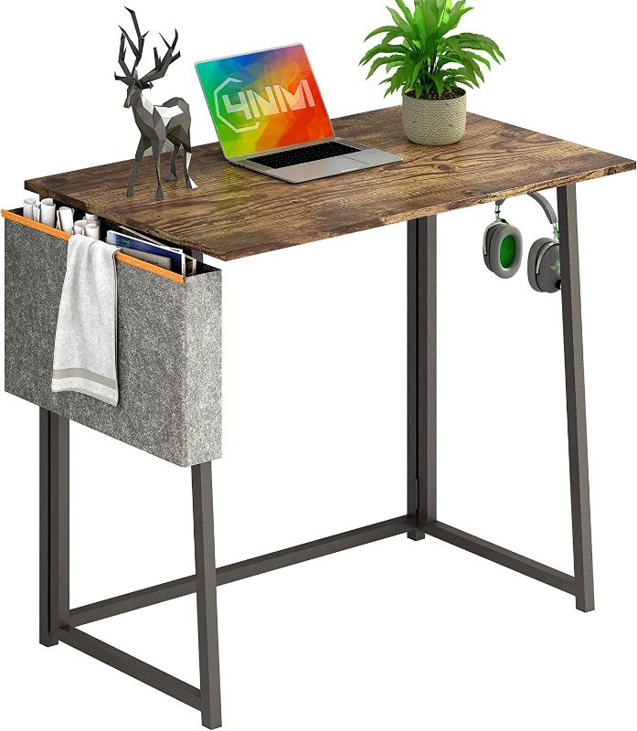 Photo 1 of 4NM 31.5" Small Desk with Storage Bag and Hook No-Assembly Folding Computer Desk Home Office Desk Study Writing Table for Small Space Offices - Rustic Brown and Black
