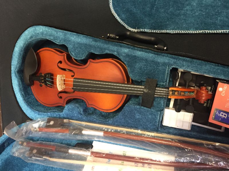 Photo 4 of ?Mendini By Cecilio Violin For Kids & Adults - 1/32 MV300 Satin Antique Violins, Student or Beginners Kit w/Case, Bow, Extra Strings, Tuner, Lesson Book - Stringed Musical Instruments
