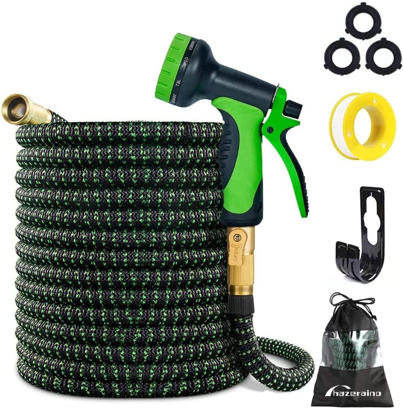 Photo 1 of 100ft Expandable Garden Hose Leakproof Water Hose with 10 Function Nozzle and Durable 3-Layers Latex, 3/4" Solid Brass, Lightweight No-Kink Flexible Water Hose With Holder Sprinkler Set
