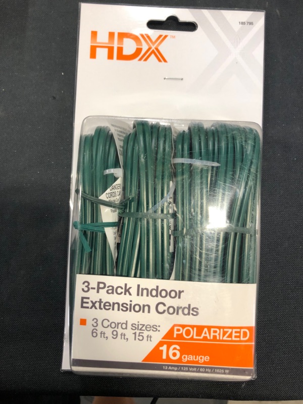 Photo 1 of HDX 3-Pack Indoor Extension Cords 16 Gauge Polarized 6ft, 9ft, 15ft - Green
