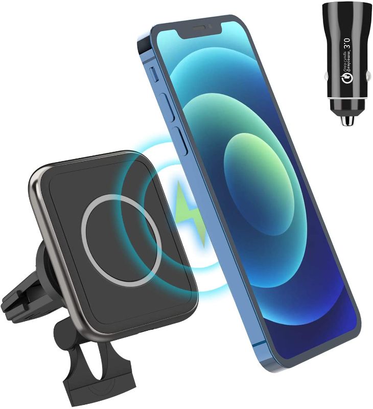 Photo 1 of   Magnetic Wireless Car Charger, zinc Alloy 15W/ 10W/ 7.5W/ 5W Fast Wireless Car Charger Mount for Mag-Safe Case/iPhone 12/12 Pro/ 12 Pro Max/ 12 Mini with QC3.0 Adapter (Black)
