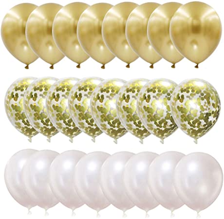 Photo 1 of 60 pcs Gold, White and Gold Confetti Balloons Kit,60pcs 12 inch Party Balloons for Wedding Graduation Christmas Baby Shower Birthday Party Decorations(with 20 Meter Gold Ribbon)