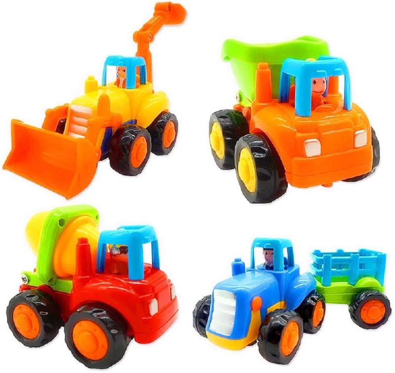 Photo 1 of Friction Powered Cars, Push and Go Toy Trucks Construction Vehicles Toys Set for 1-3 Year Old Baby Toddlers- Dump Truck, Cement Mixer, Bulldozer, Tractor, Early Educational Cartoon ( Set of 4)
