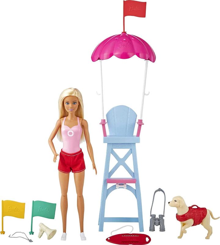 Photo 1 of Barbie Lifeguard Playset, Blonde Doll (12-in), Swim Outfit, Lifeguard Chair, Umbrella, Megaphone, Binoculars, 2 Flags, Dog Figure & More, Great Gift for Ages 3 & Up
