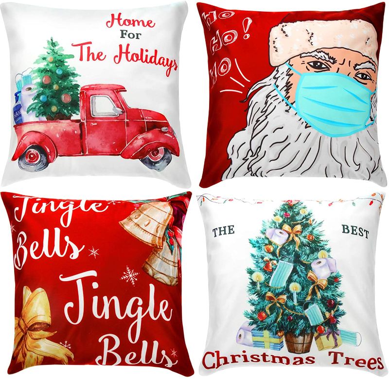 Photo 1 of 4 Pieces Christmas Pillow Cover Xmas Home Decorative Pillowcase Christmas Tree Bell Santa Pillow Cover Rustic Winter Holiday Throw Pillow Christmas Square Cushion Cover for Home Decor, 18 x 18 Inch
