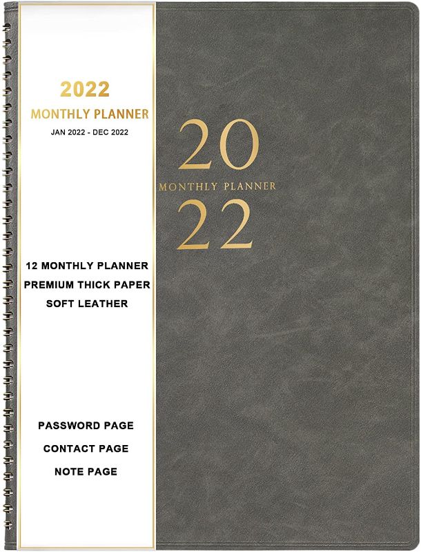 Photo 1 of 2022 Monthly Planner - Monthly Planner 2022 with Tabs, Jan 2022 - Dec 2022, 9" x 11", Thick Paper, Strong Twin-Wire Binding, Soft Leather Cover, Large Writing Blocks, Great Monthly Planner 2022 for Your organization, Grey 5 PACK

