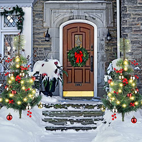 Photo 1 of 2 Pieces 30 Inch Outdoor Pathway Christmas Trees, Pre-Lit Artificial Tree Decoration with 100 LED Lights and Small Decorative Accessories for Driveway, Yard
