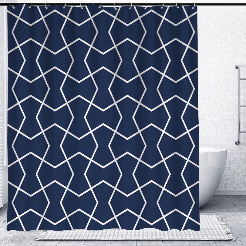 Photo 1 of FAMOU Blue Shower Curtain Modern Geometric Shower Curtains for Bathroom Navy Blue Fabric Neutral Waterproof Shower Curtains Quick-Drying Durable and Machine Washable with 12 Hooks (Blue, 72 x 72 in)
