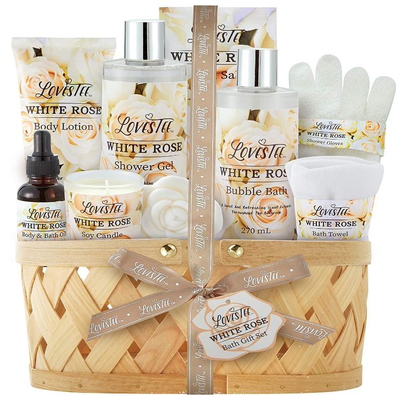 Photo 1 of Bath & Body Spa Gift Basket for Women, Best Gift for Christmas, Mother’s Day & Birthday, White Rose Set Includes Body Lotion, Shower Gel, Bubble Bath, Bath Salt, Towel, Soap, Oil, Candle, Gloves,
