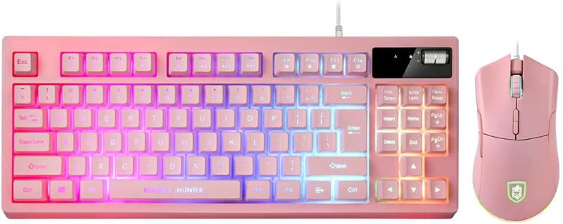 Photo 1 of RGB Gaming Keyboard and Mouse Combo,87 Keys Gaming Keyboard Wired RGB Backlit Gaming Keyboard Mechanical Feeling with RGB 7200 DPI Gaming Mouse and Pink Gaming Keyboard Set for PC MAC PS4 Xbox Laptop
