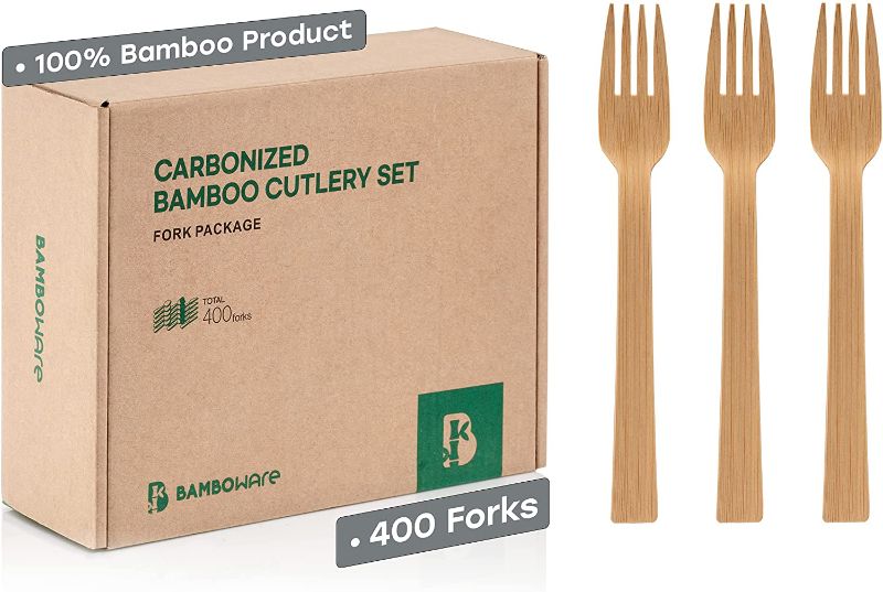 Photo 1 of 100% Bamboo Utensils - 400 Carbonized Forks Disposable Cutlery Biodegradable and Sanitized - Heavy Duty & Fully Functional
