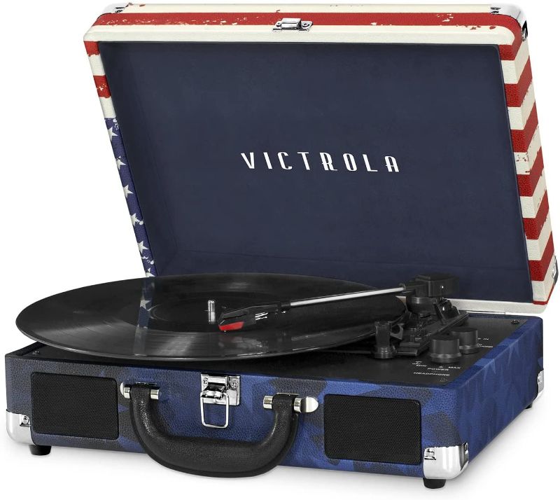 Photo 1 of Victrola Vintage 3-Speed Bluetooth Portable Suitcase Record Player with Built-in Speakers | Upgraded Turntable Audio Sound| Includes Extra Stylus | American Flag (VSC-550BT-USA) Amercan