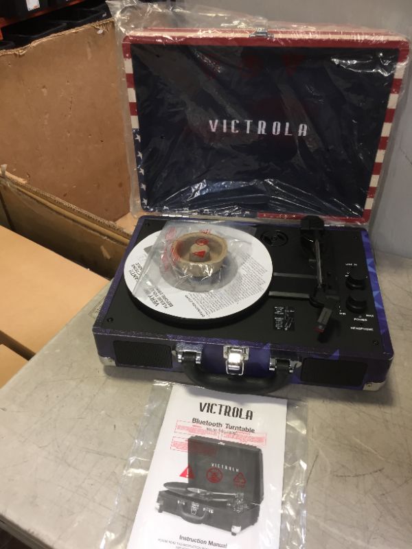 Photo 1 of Victrola Vintage 3-Speed Bluetooth Portable Suitcase Record Player with Built-in Speakers | Upgraded Turntable Audio Sound| Includes Extra Stylus | American Flag (VSC-550BT-USA) Amercan