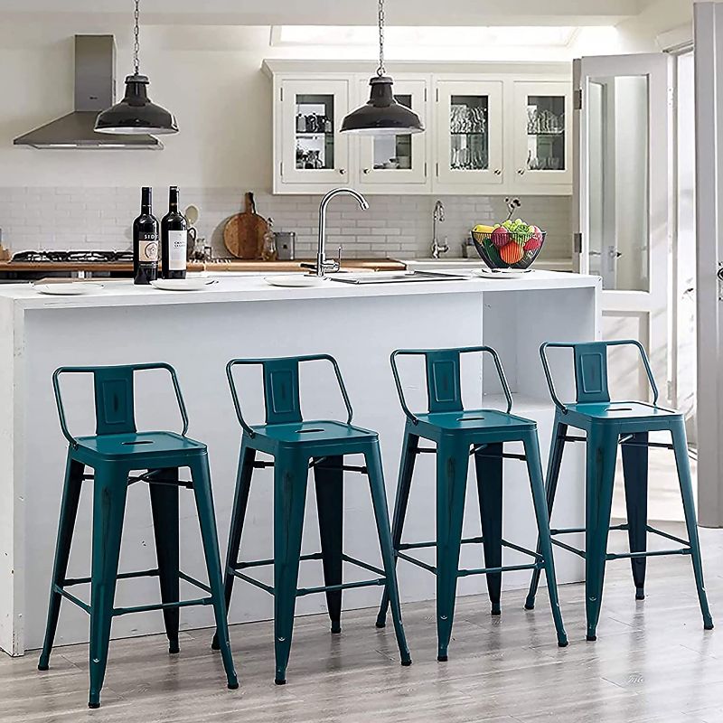 Photo 1 of Andeworld Distressed Bar Stools Set of 4 Industrial Counter Stools Metal Barstools with Backrest (30 Inch, Distressed Design Teal)
