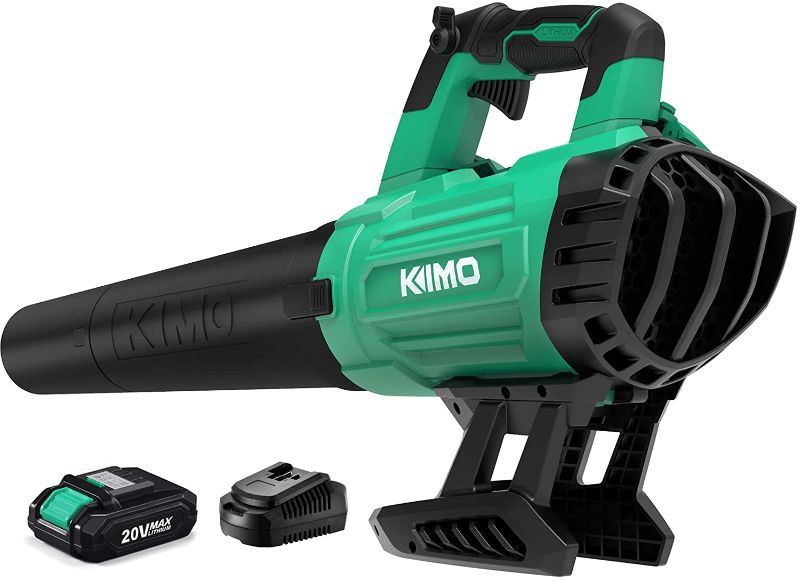 Photo 1 of Cordless Leaf Blower - KIMO 20V 400CFM Handheld Leaf Blower Sweeper Kit w/ 2.0 Lithium-ion Battery, Double Wide Mouth Blow Tube for Blowing Wet Leaf, Sweeping Snow, Dusting, Cleaning Garden/Patio/Lawn
