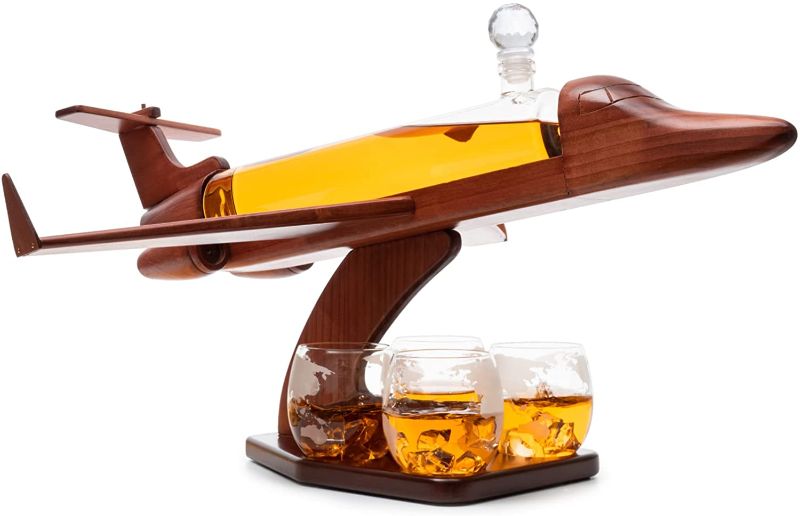 Photo 1 of Jet Airplane Wine & Whiskey Decanter 1000ml Set with 4, 12 oz World Map Glasses by The Wine Savant - Pilot Gifts, Aviation Gifts, Airplane Figurine, Gifts for Jet, Airplane and Travel Enthusiasts!
