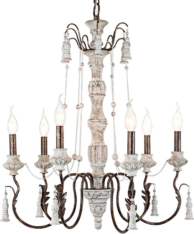 Photo 1 of 29" Farmhouse Chandelier Large French Country Shabby Chic Wood Chandeliers, Antique 6-Light Bronze & White Candle Beaded Pendant Lighting Fixtures Ceiling Hanging for Living Dining Room Kitchen Decor
