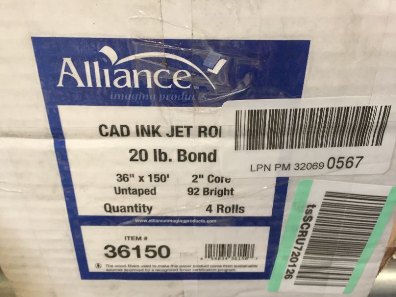 Photo 4 of Alliance Wide Format Paper CAD Bond Rolls (20lb | 4 Rolls, 36 In x 150 Ft | 2" Core)
