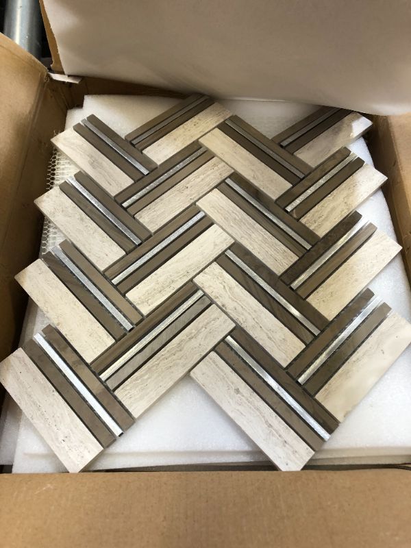 Photo 4 of FABULOUS DECOR WHITE SILVER CHEVRON MOSAIC 12X11.4 (4 TILES, 8MM THICK)---ONE OF THE TILES HAS A CRACK---