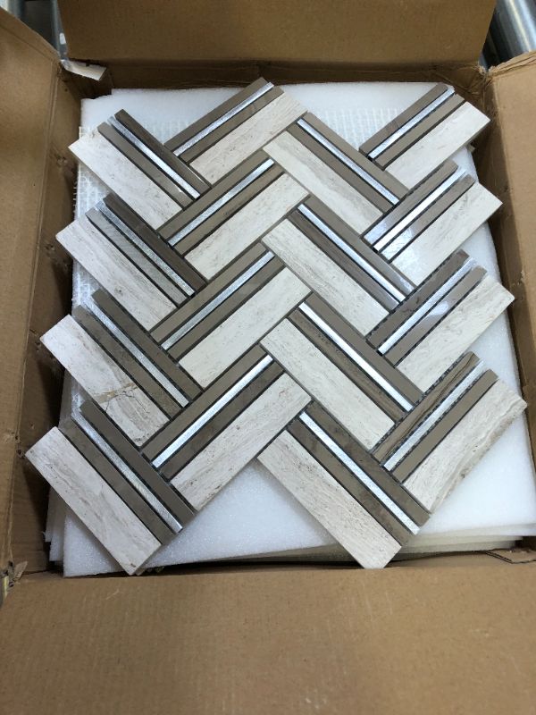 Photo 3 of FABULOUS DECOR WHITE SILVER CHEVRON MOSAIC 12X11.4 (4 TILES, 8MM THICK)---ONE OF THE TILES HAS A CRACK---