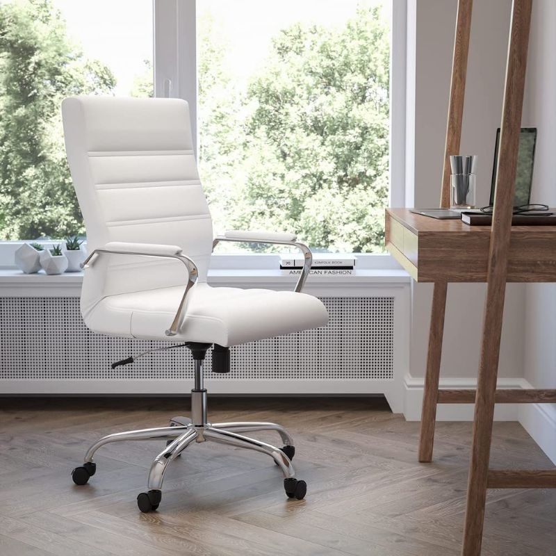 Photo 1 of Flash Furniture High Back Desk Chair - White LeatherSoft Executive Swivel Office Chair with Chrome Frame - Swivel Arm Chair
