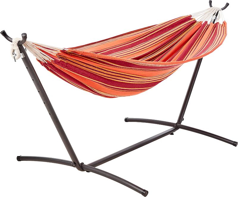 Photo 1 of Amazon Basics Double Hammock with 9-Foot Space Saving Steel Stand and Carrying Case, Orange Stripe, 450 lb Capacity
