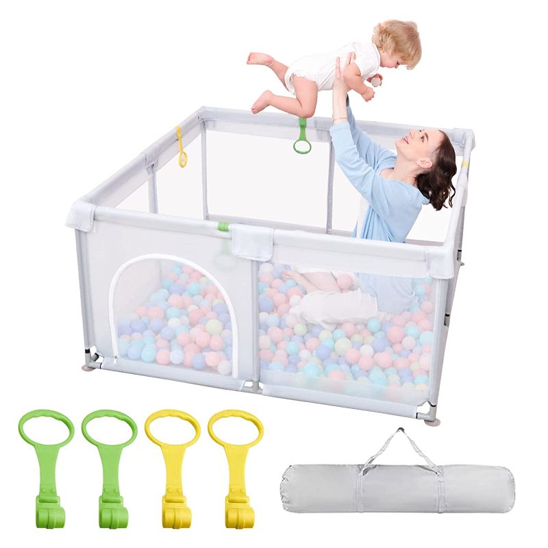 Photo 1 of Baby Playpen 51-Inch Large Playyard for Toddler - Reliable Kids Activity Center for Infant, Sturdy Safety Playpen with Thickened Pipes+ Anti-Slip Suckers+Soft Breathable Mesh(Light Gray, 51-Inch)
