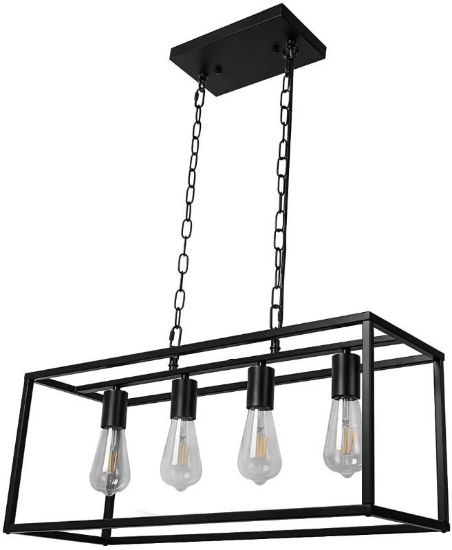 Photo 1 of Farmhouse Industrial Kitchen Island Lighting, Black Modern Chandelier, Rectangle Hanging Light Fixtures for Dining Room Living Room Bar 4-Light
