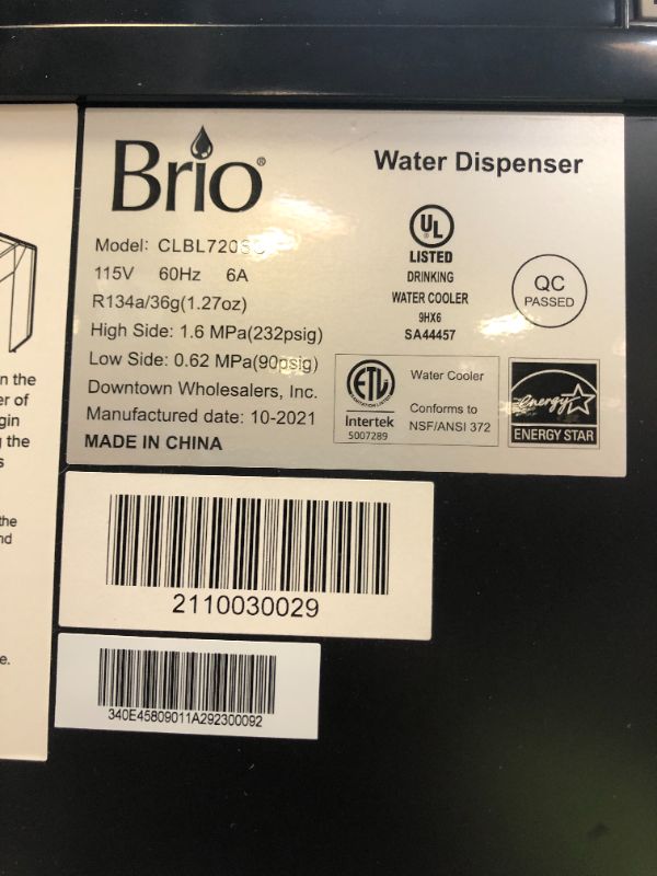 Photo 5 of Brio Moderna Bottom Load Water Cooler Dispenser - Tri-Temp, Adjustable Temperature, Self-Cleaning, Touch Dispense, Child Safety Lock, Holds 3 or 5 Gallon Bottles, Digital Display and LED Light------SOLD BY PARTS --TURNS ON BUT DOENST WORK
