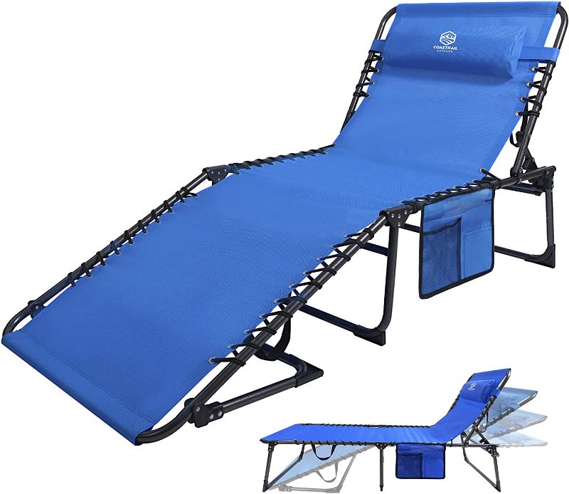 Photo 1 of Coastrail Outdoor Folding Chaise Lounge Chair 28 inch Wide, 4 Position Recline Textilene Waterproof Patio Chaise with Pocket and Pillow for Beach,Tanning, Lawn, Supports 400lbs, Blue
