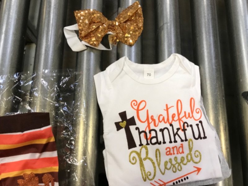 Photo 3 of Happy Town Thanksgiving Infant Newborn Baby Girl Clothes Romper+Tutu Skirt+Headband+Leg Warmers Turkey Day Outfit
Size: 6-12 Months