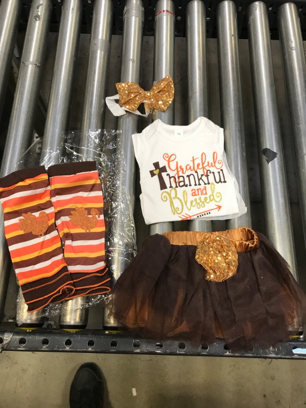 Photo 2 of Happy Town Thanksgiving Infant Newborn Baby Girl Clothes Romper+Tutu Skirt+Headband+Leg Warmers Turkey Day Outfit
Size: 6-12 Months