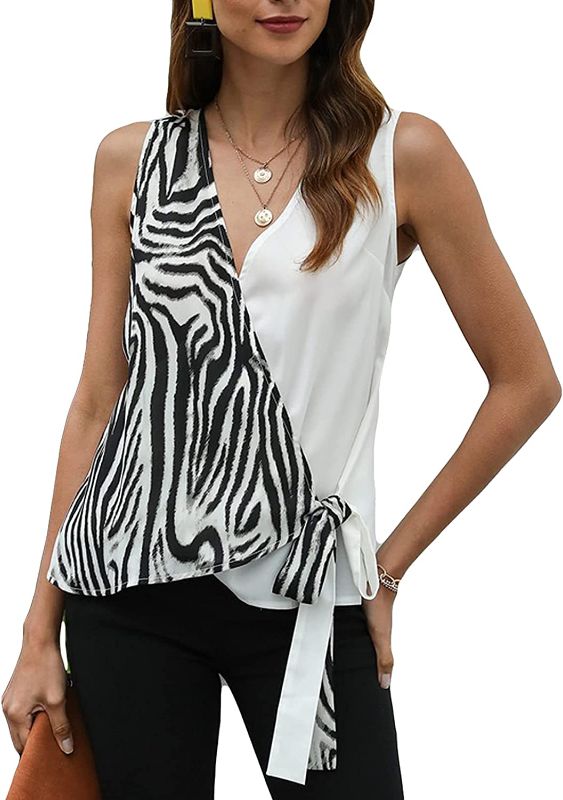 Photo 1 of YGpzd Women's Loose V Neck Tank Tops Wrap Tie Front Sleeveless Blouses Shirts Color Block
Size: M