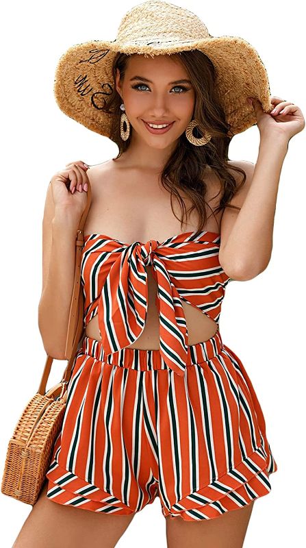 Photo 1 of YGpzd Womens Summer Two Piece Outfits Strapless Jumpsuits Rompers Striped Crop Top with Shorts Set
Size: XL