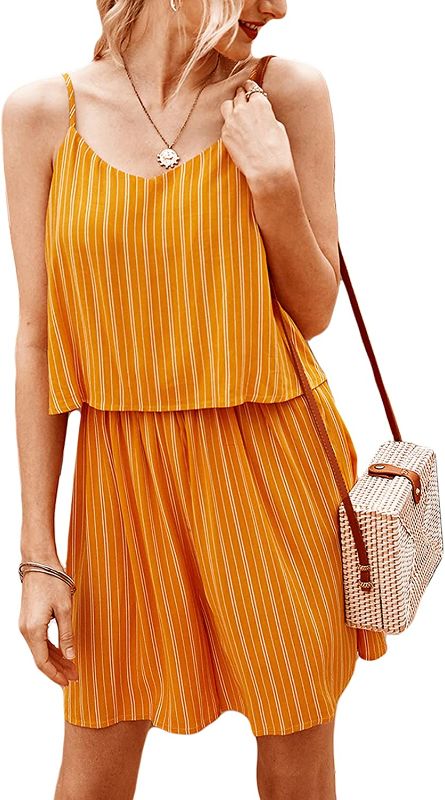 Photo 1 of YGpzd Womens Summer Spaghetti Strap Rompers V Neck Striped Wide Leg Short Jumpsuit
Size: L
Color: Yellow