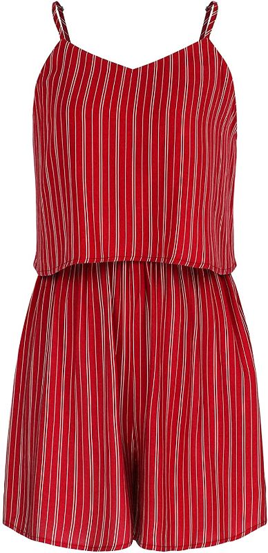 Photo 1 of YGpzd Womens Summer Spaghetti Strap Rompers V Neck Striped Wide Leg Short Jumpsuit
Color: Red
Size: M