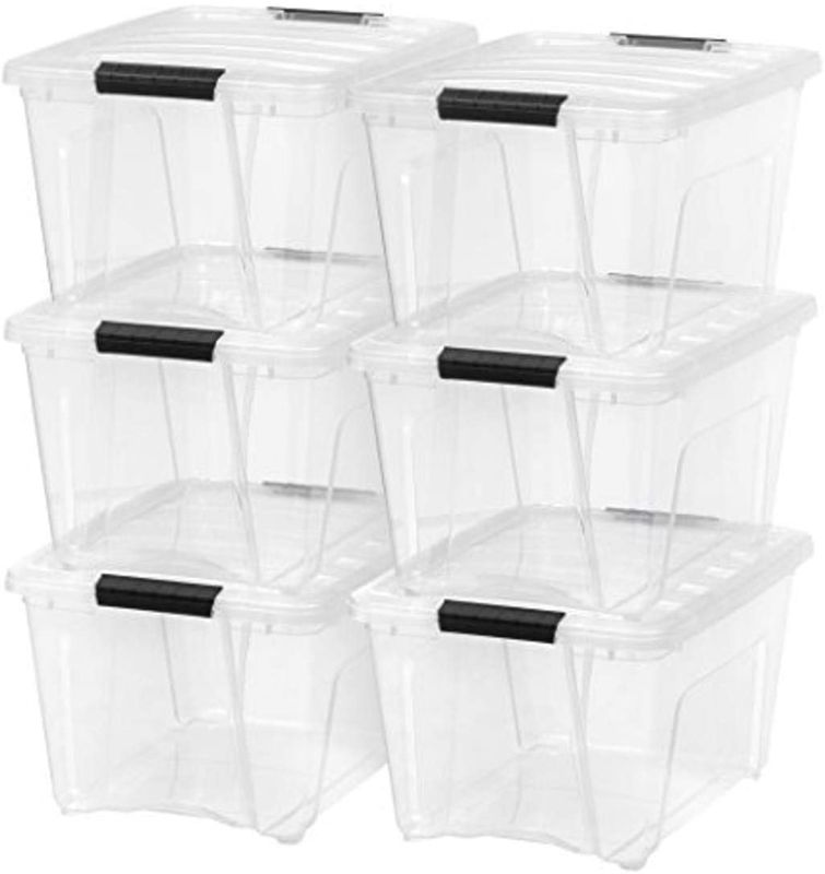 Photo 1 of IRIS 32 Quart Stack & Pull™ Box, 6 Pack, Clear with Black Handles