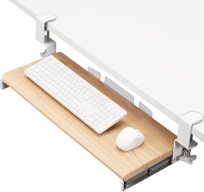 Photo 1 of VIVO Large Clamp-on Computer Keyboard and Mouse Under Desk Mount Slider Tray, 27 (33 Including Clamps) x 11 inch Pull Out Platform Drawer, Light Wood Tray, White Frame, MOUNT-KB05A
