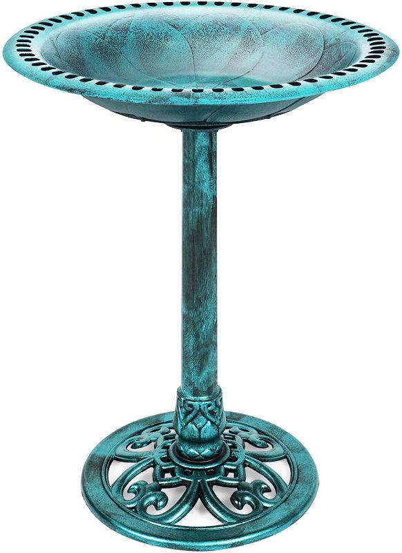 Photo 1 of 28in Pedestal Bird Bath, Vintage Outdoor Resin Accent Decoration w/Fleur-de-Lis Accents - Green