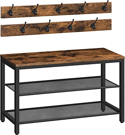 Photo 1 of ALLOSWELL Coat Rack Shoe Bench Set, 3-Tier Entryway Shoe Bench with 9 Coat Hooks, Industrial Style Shoe Storage Organizer, Sturdy and Durable, for Hallway, Living Room, Bedroom, Rustic Brown BSHR7501
