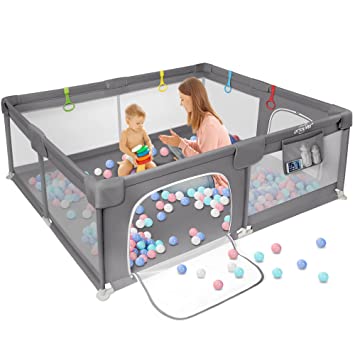 Photo 1 of Baby Playpen, Extra Large Baby Playpen for Toddler, Indoor & Outdoor Playard for Kids Activity Center with Anti-Slip Base and Breathable Mesh, Baby Gate Playpen, Playpen for Babies, Gray
