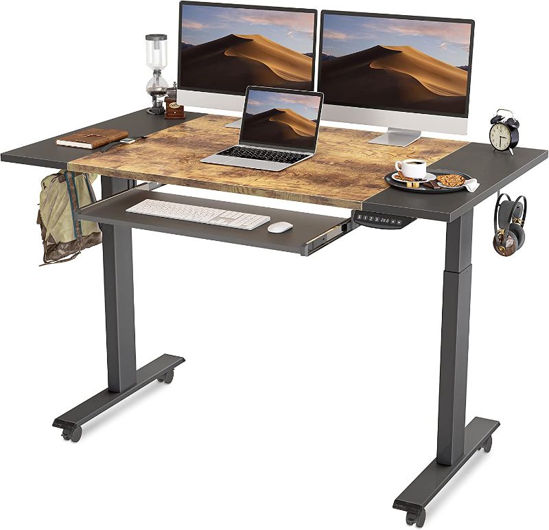 Photo 1 of FEZIBO 55-Inch Dual Motor Height Adjustable Electric Standing Desk with Keyboard Tray, Sit Stand Table with Splice Board, Black Frame/Black and Rustic Brown Top
