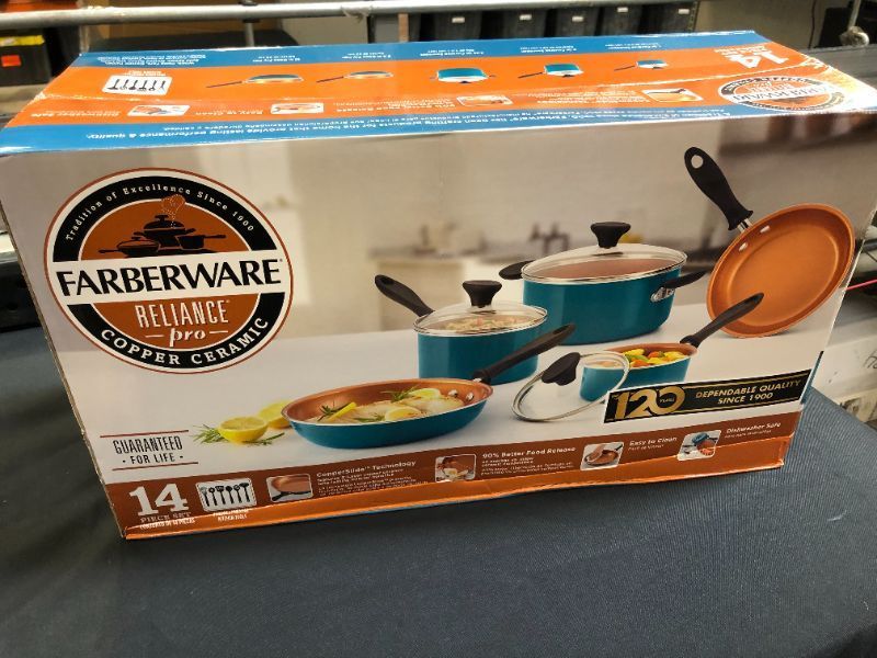 Photo 2 of Farberware Reliance Pro 14pc Copper Ceramic Nonstick Cookware Set with Prestige Tools (FACTORY SEALED BRAND NEW)
