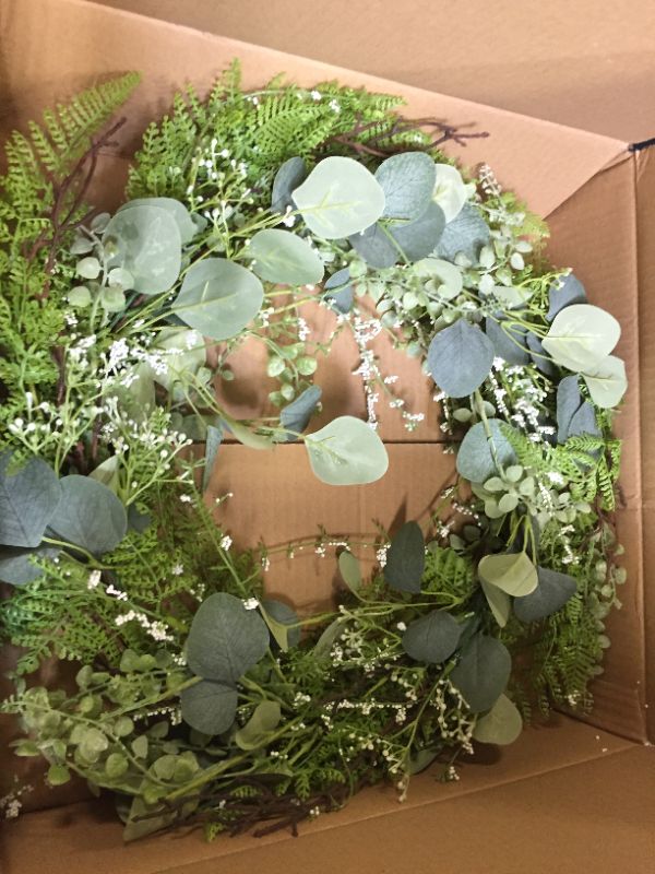 Photo 2 of Felibat 22 Inch Artificial Front Door Wreath, Eucalyptus Wreath with Ferns Leaves, Green Farmhouse Wreath
