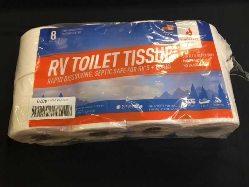 Photo 1 of Firebelly Outfitters RV Toilet Paper, Septic Tank Safe-Made in The USA- 8 Rolls,2-Ply 500 Sheets - Fast Dissolve Bath Tissue for Camping, Marine, RV Holding Tanks, Biodegradable (DAMAGES TO ONE ROLL FROM EXPOSURE)