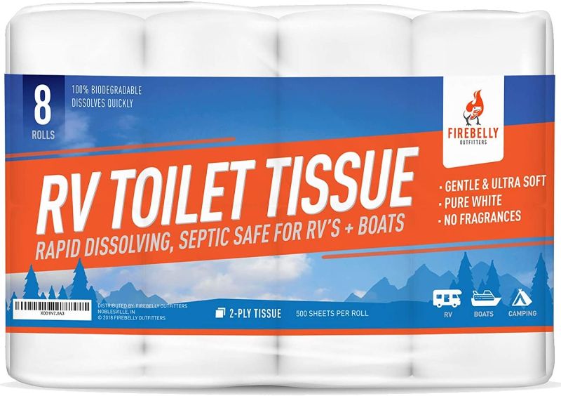 Photo 1 of Firebelly Outfitters RV Toilet Paper, Septic Tank Safe-Made in The USA- 8 Rolls,2-Ply 500 Sheets - Fast Dissolve Bath Tissue for Camping, Marine, RV Holding Tanks, Biodegradable (DAMAGES TO ONE ROLL FROM EXPOSURE)