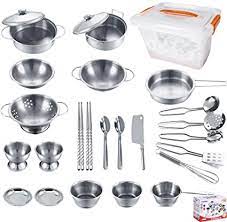 Photo 1 of Cooking Utensils Set Stainless Steel Kitchen Toys Pretend Play Pots Pans Toy Cookware Kits for Kids Come with a Handy Storage Box Role Play Educational Toys for Toddlers Small Size (MISSING LATCH ON STORAGE CONTAINER)
